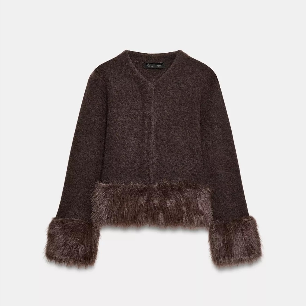 Zara V-Neck Brown Faux Fur Trim Cardigan